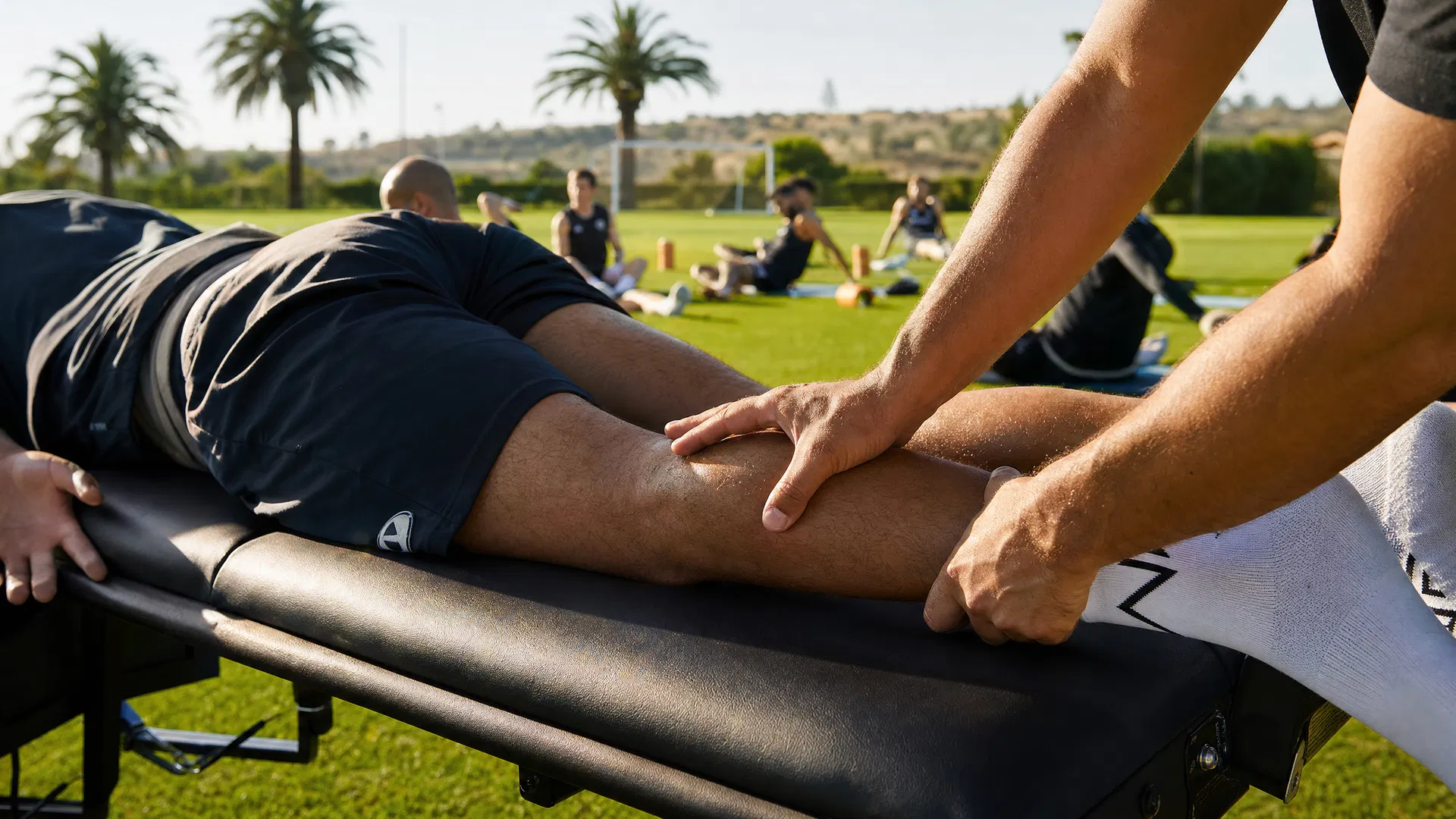 Sports massage therapist working on an athlete at a training camp in the Algarve